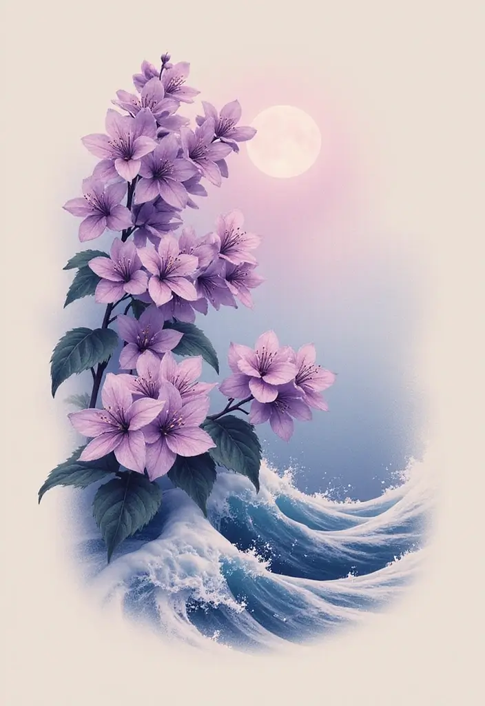 30 Lilac Flower Tattoo Designs with Gentle Symbolism - 19. Lilac and Waves