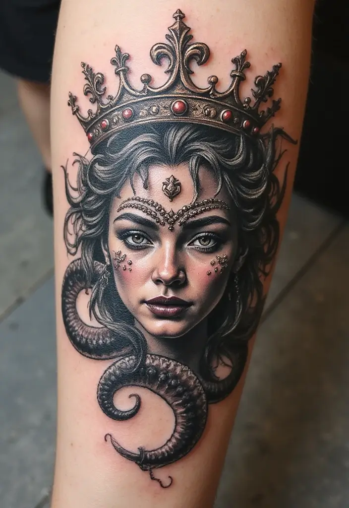 30 Medusa Tattoos for Females with Bold and Fierce Symbolism - 19. Medusa with a Crown