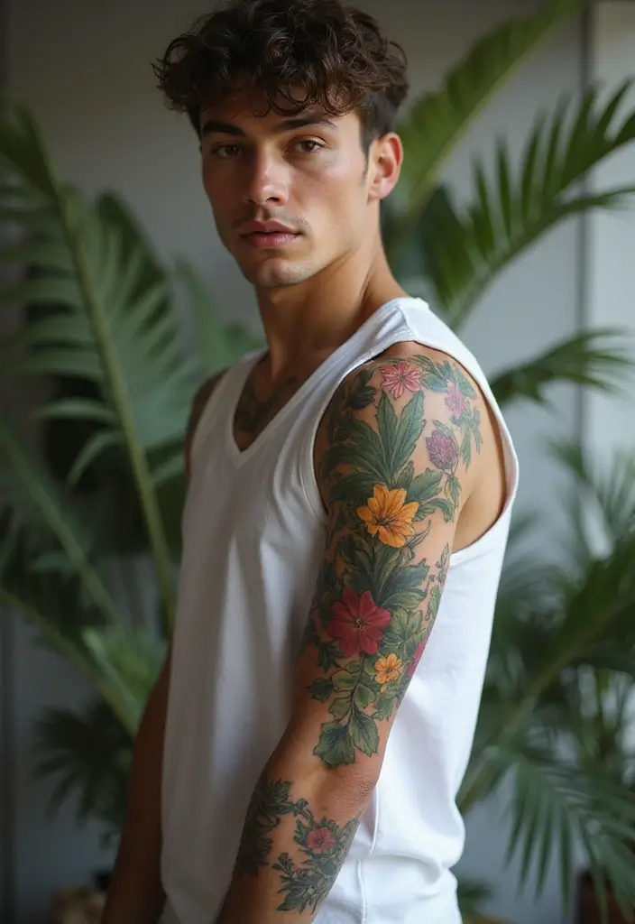 30 Mens Flower Sleeve Tattoo Ideas with Bold Florals - 19. Floral Foliage: Embracing Greenery