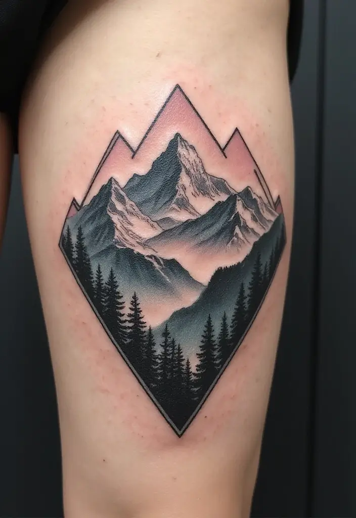 30 Mountain Tattoos for Men That Capture Adventure Spirit - 19. Layered Mountain Tattoos