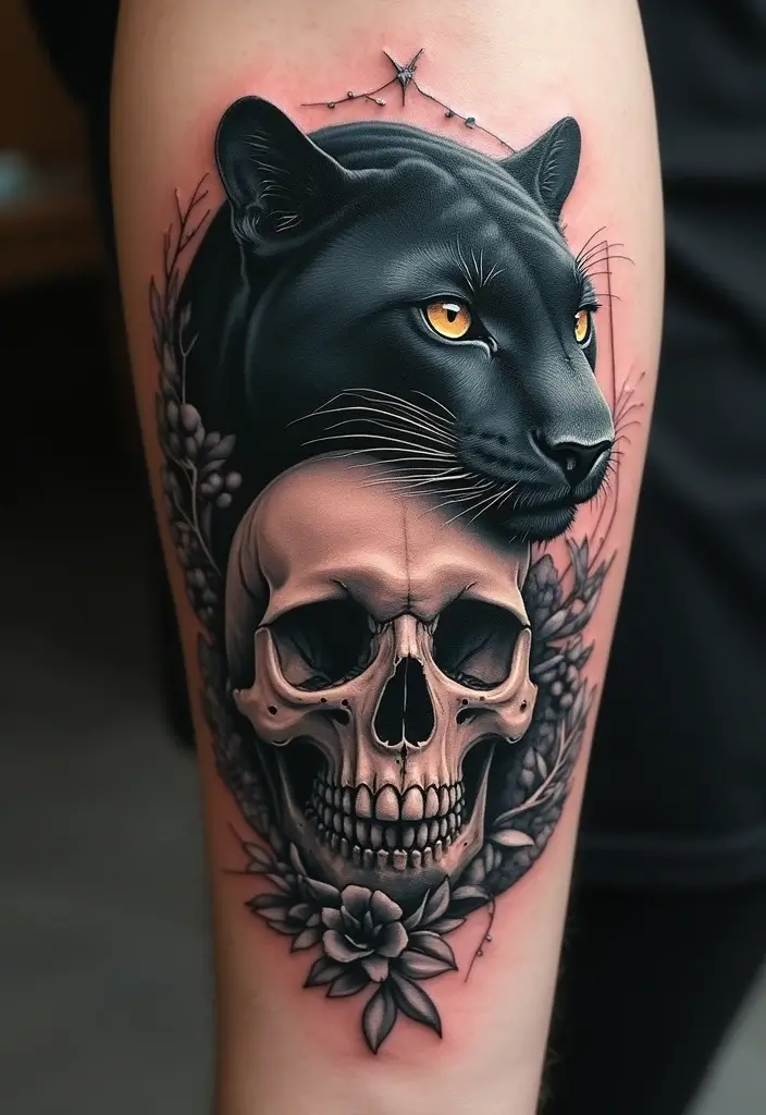 30 Panther Tattoo Designs That Represent Power and Mystery - 19. Panther and Skull