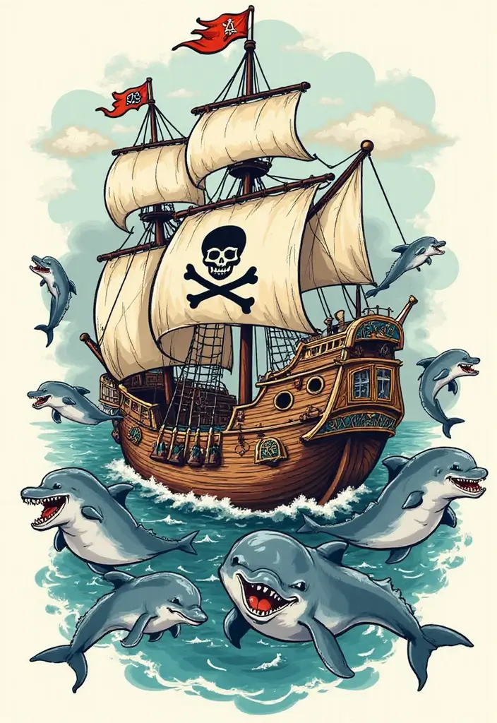 30 Pirate Ship Tattoo Designs for Ocean Lovers - 19. Pirate Ship with Dolphins