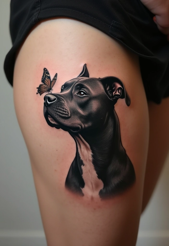 30 Pitbull Tattoo Designs Celebrating Strength and Loyalty - 19. Pitbull and Butterfly