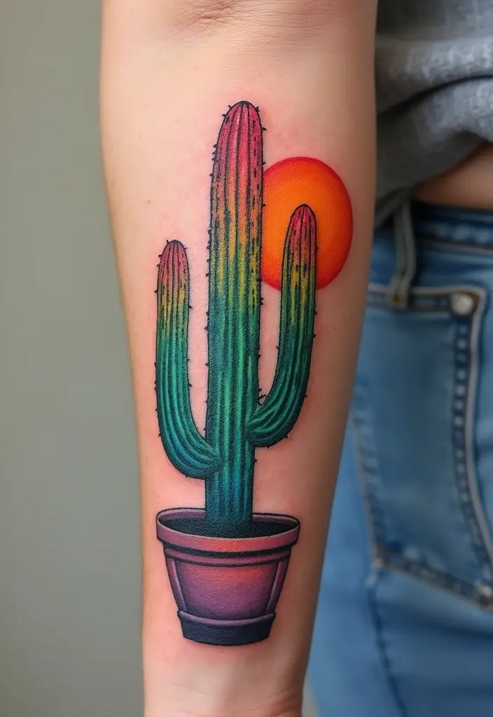 30 Rainbow Tattoos That Symbolize Hope and Diversity - 19. Rainbow Cactus Tattoo