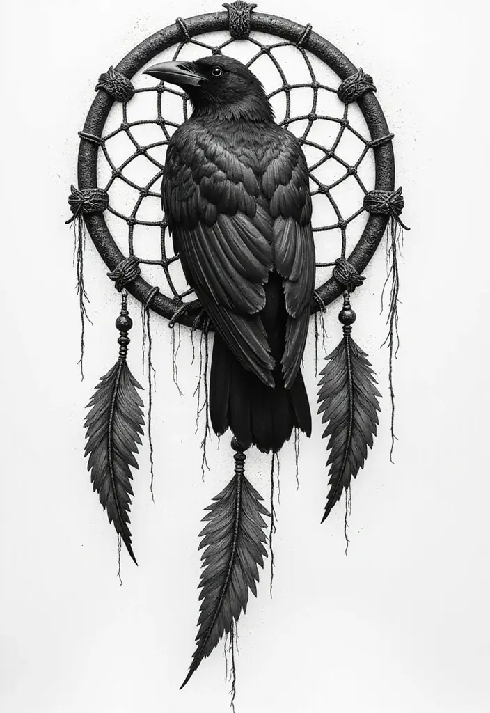 30 Raven Tattoo Shoulder Designs That Look Powerful - 19. Raven in a Dreamcatcher