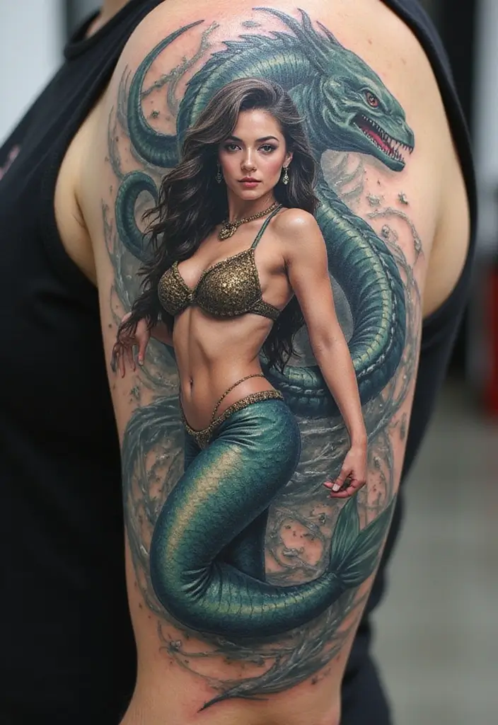 30 Realism Mermaid Tattoo Inspirations That Look Breathtaking - 19. Majestic Mermaid Leviathan