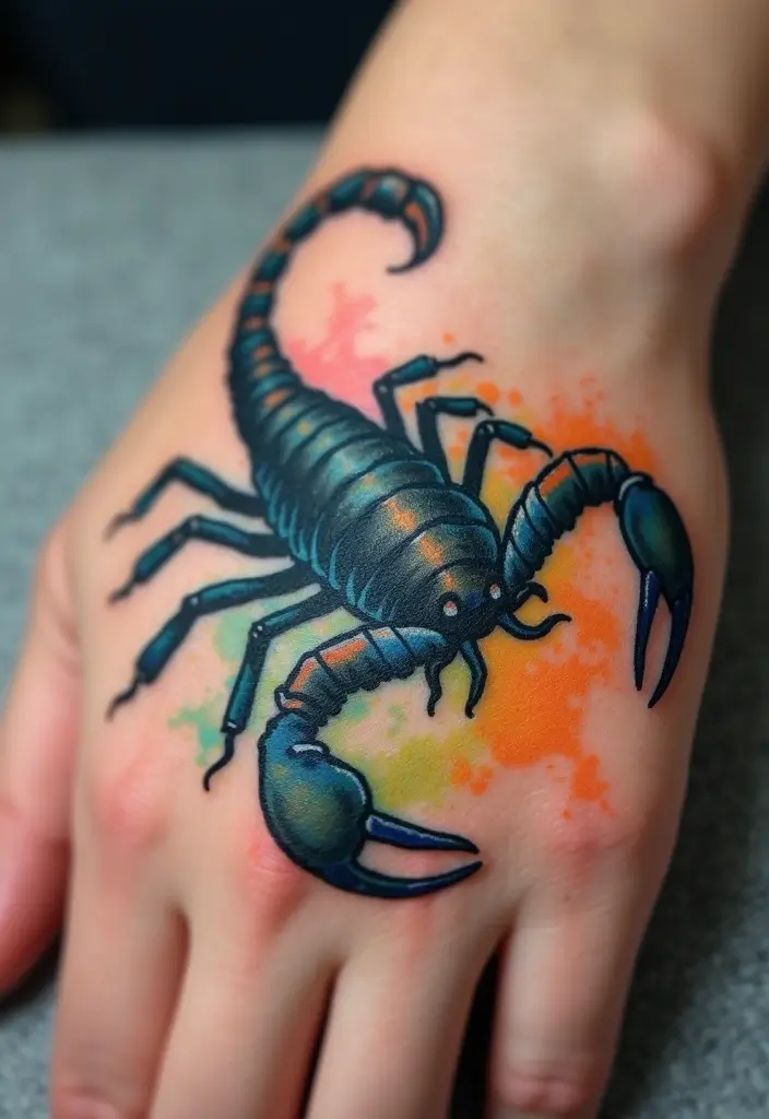 30 Scorpion Tattoo on Hand Meaning and Bold Designs - 19. Scorpion Tattoos with Watercolor Accents: Artistic Flair
