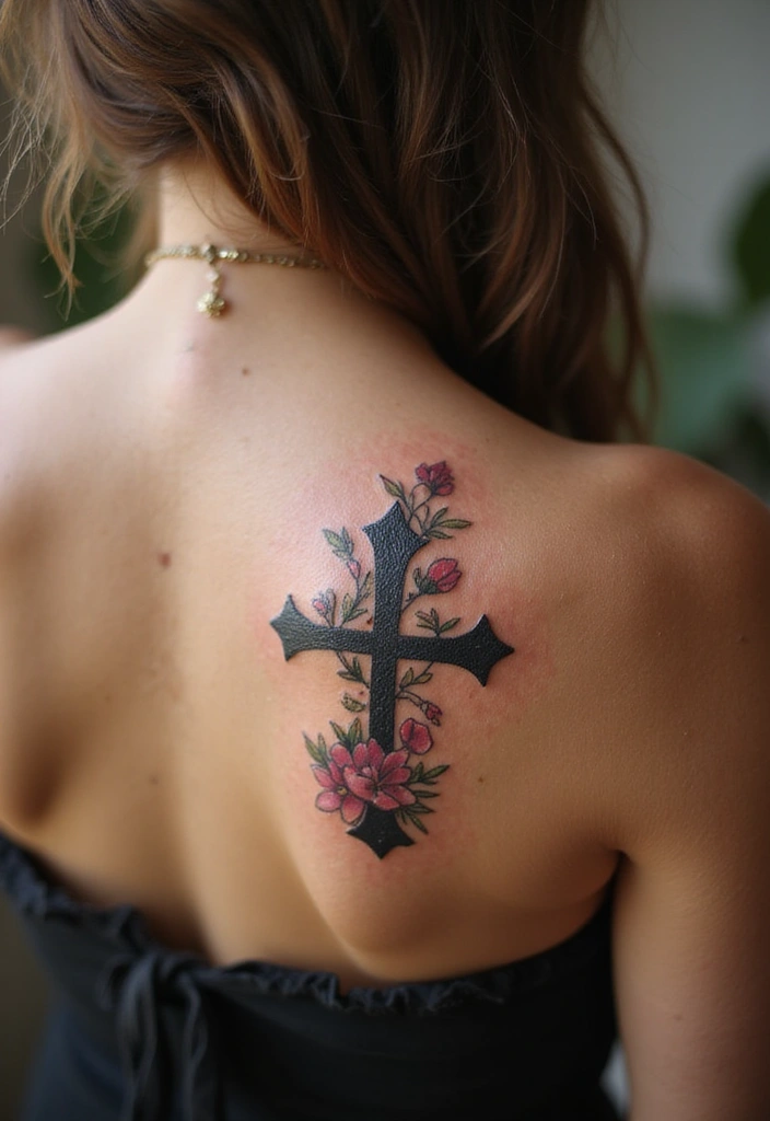 30 Shoulder and Back Tattoos for Women That Look Stunning - 19. Cross and Faith Symbols
