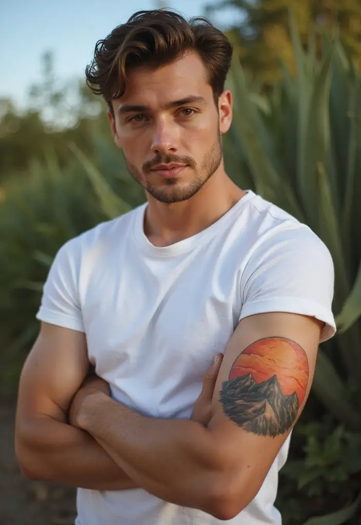 30 Sun Tattoo Men Ideas for Radiant Energy - 19. Sun Over Mountains Tattoo