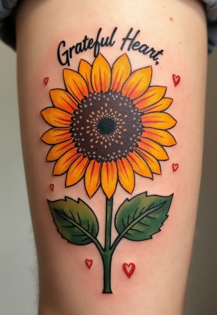 30 Sunflower and Quote Tattoo Ideas Full of Positivity - 19. Sunflower with 'Grateful Heart'