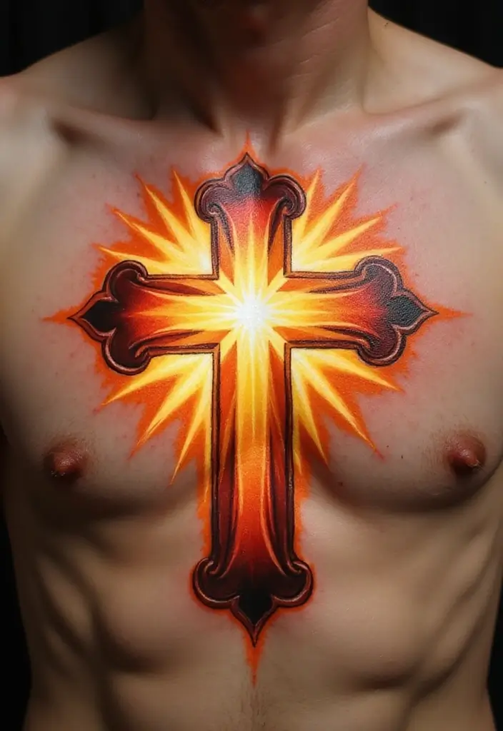 30 Tattoo Cross 3D Designs That Look Realistic - 19. Cross with Sun Rays