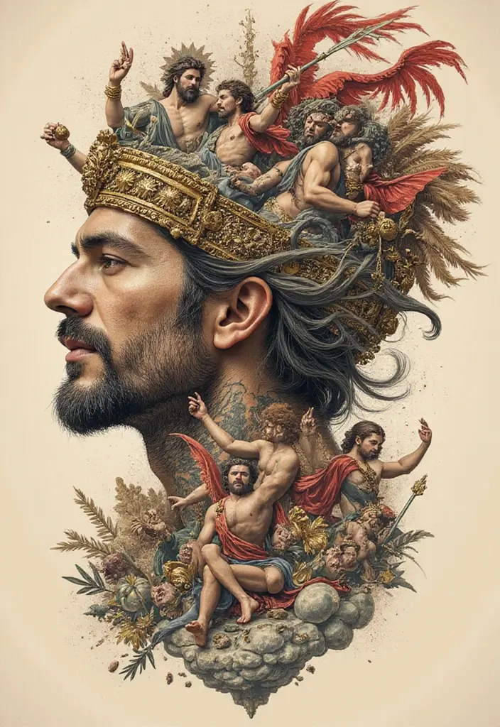 30 Bold Tattoo Head Designs That Stand Out - 19. Mythological Scenes