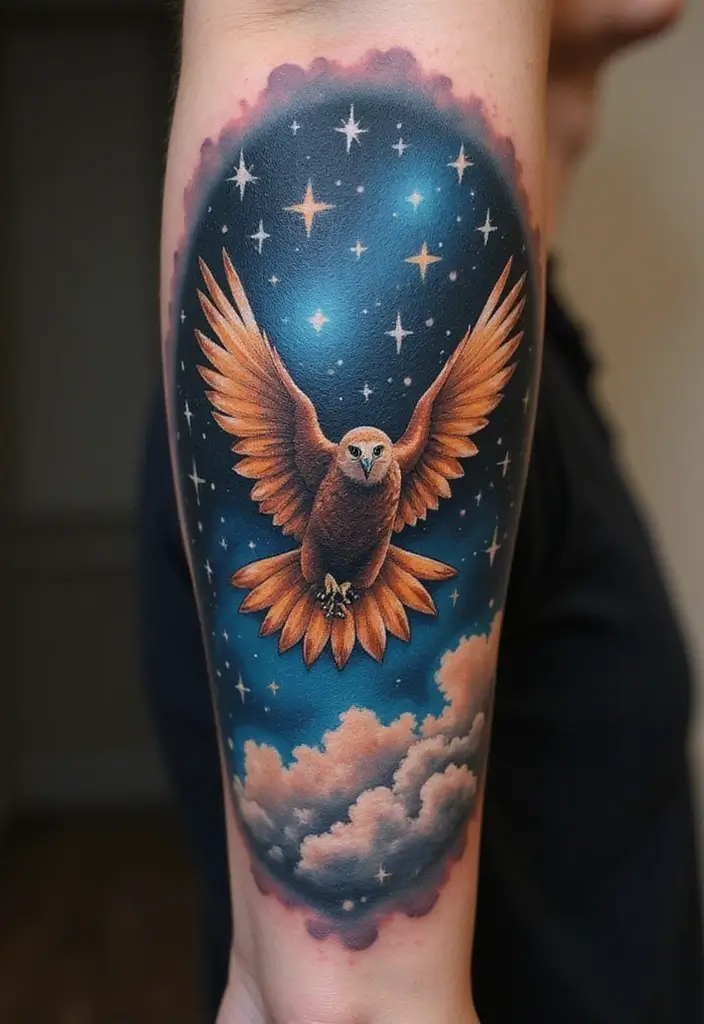 30 Hawk Tattoo Designs That Represent Vision and Strength - 19. Hawk with Stars