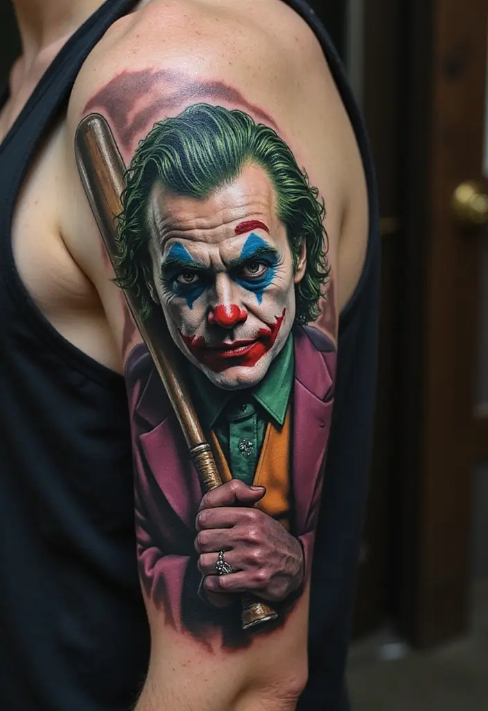 30 The Joker Tattoo Meaning and Unique Designs - 19. The Joker with a Baseball Bat