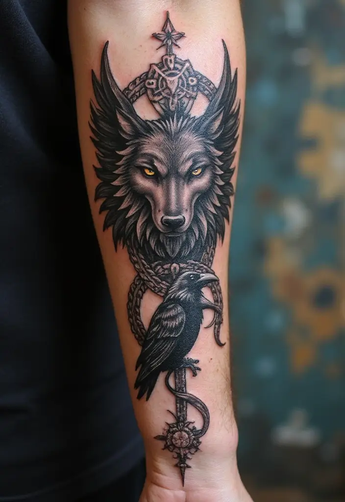 30 Valknut Tattoo Designs with Deep Norse Symbolism - 19. Valknut with Mythical Creatures