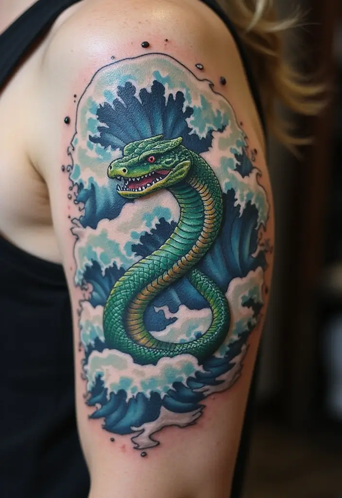 30 Viking Snake Tattoo Designs with Norse Symbolism - 19. Serpent and Ocean Waves