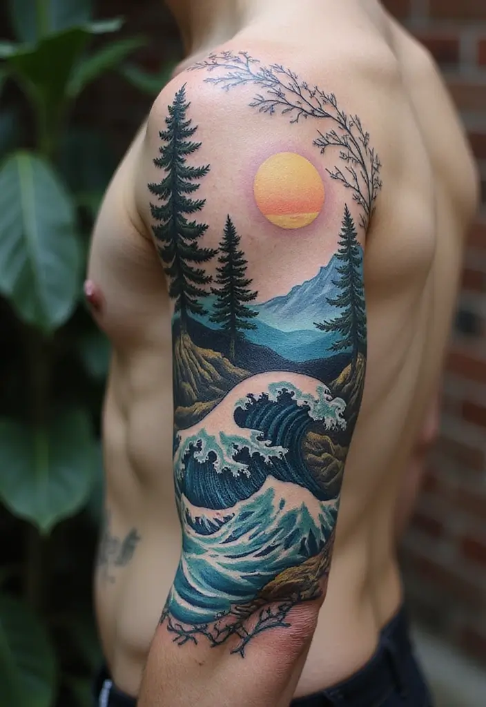 30 Wave Tattoo Sleeve Ideas That Make a Bold Statement - 19. Infused with Nature