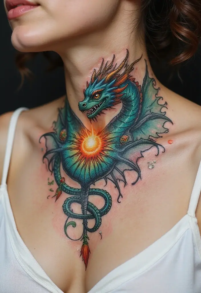 30 Women's Throat Tattoos That Are Edgy and Elegant - 19. Fantasy Creatures