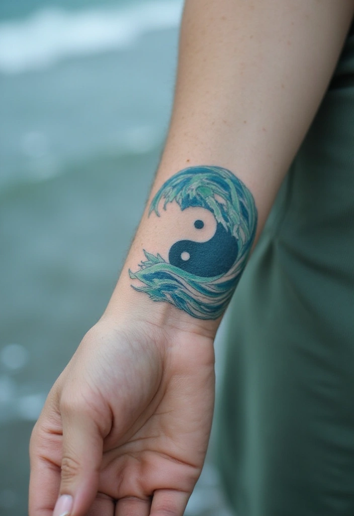 30 Yin Yang Wrist Tattoo Ideas for Balance and Harmony 19 30 Yin Yang Wrist Tattoo Ideas for Balance and Harmony - 19. Yin Yang with Waves