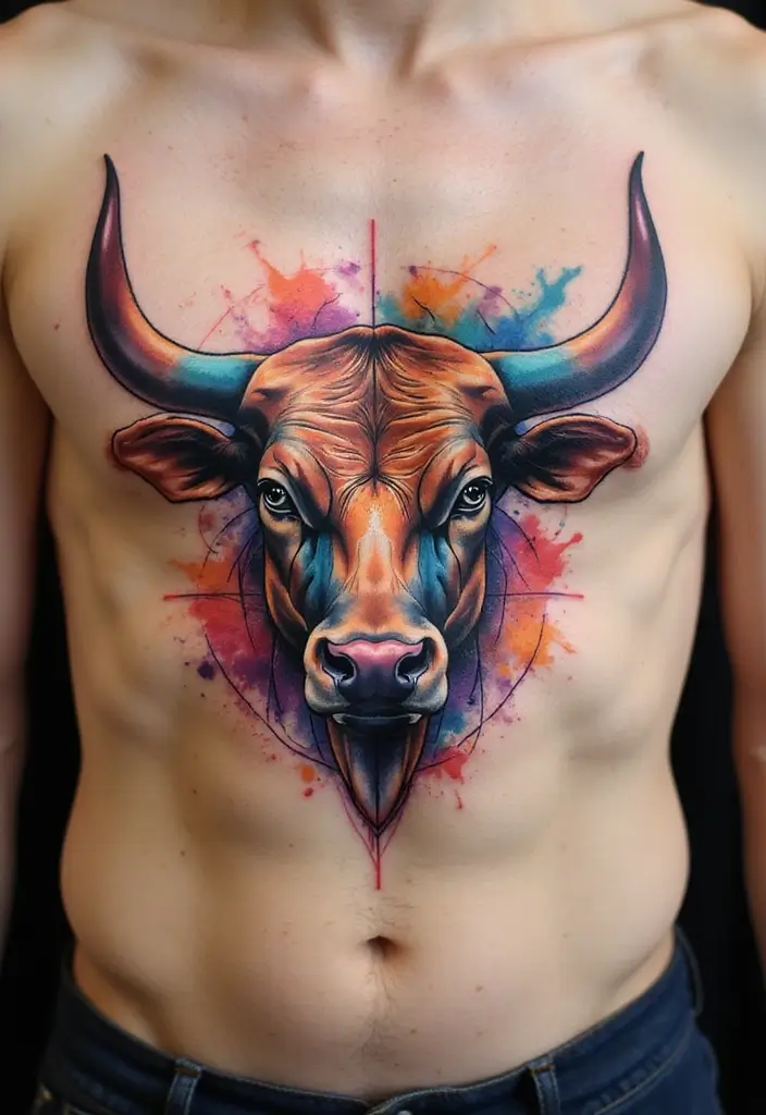 30 Bull Tattoo Chest Ideas Full of Strength - 1. Majestic Bull in Abstract Lines