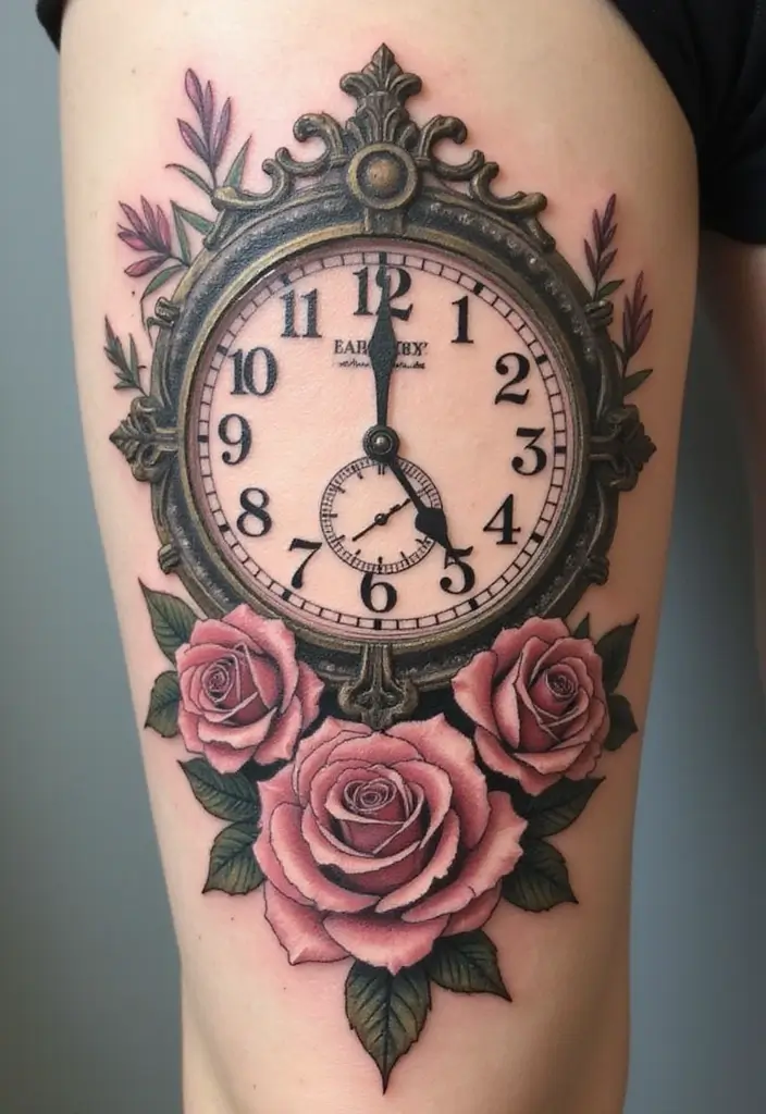 30 Clock and Rose Tattoos That Symbolize Time and Love - 1. Vintage Elegance