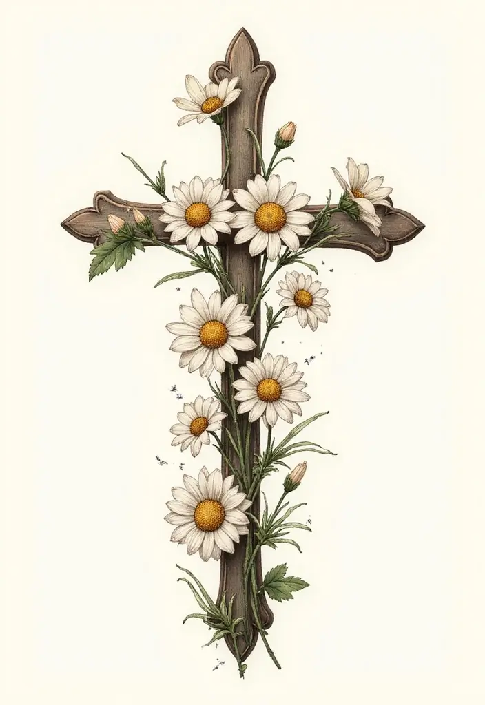 30 Cross with Flowers Tattoo Ideas That Blend Faith and Beauty - 1. Delicate Daisy Cross