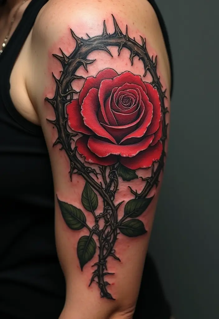 30 Crown of Thorns Bicep Tattoo Inspirations You’ll Admire - 1. Elegant Thorny Rose