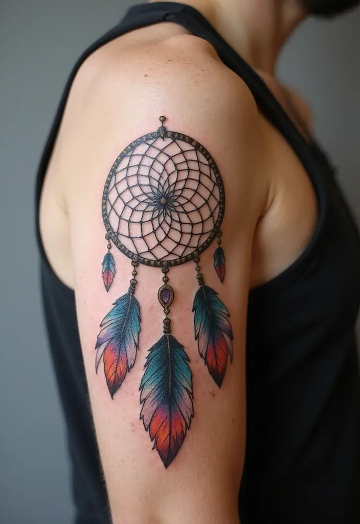 30 Dream Catcher Tattoo Ideas for Men with Protective Energy - 1. Traditional Dream Catcher