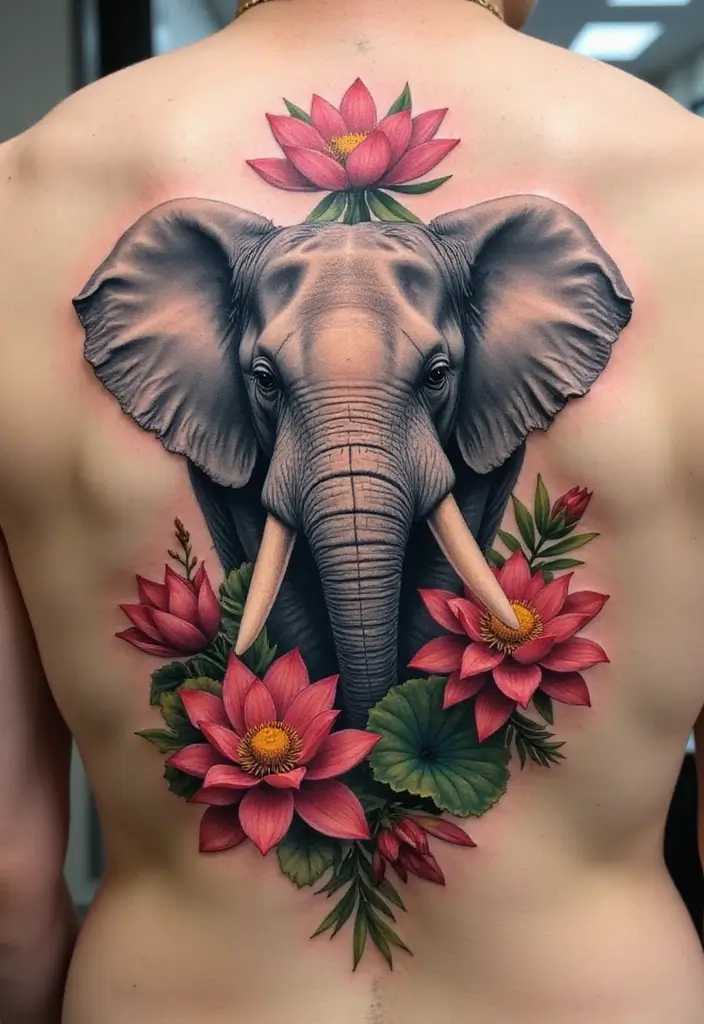 30 Elephant Tattoo Designs That Represent Strength and Wisdom - 1. The Majestic Elephant in Full Bloom
