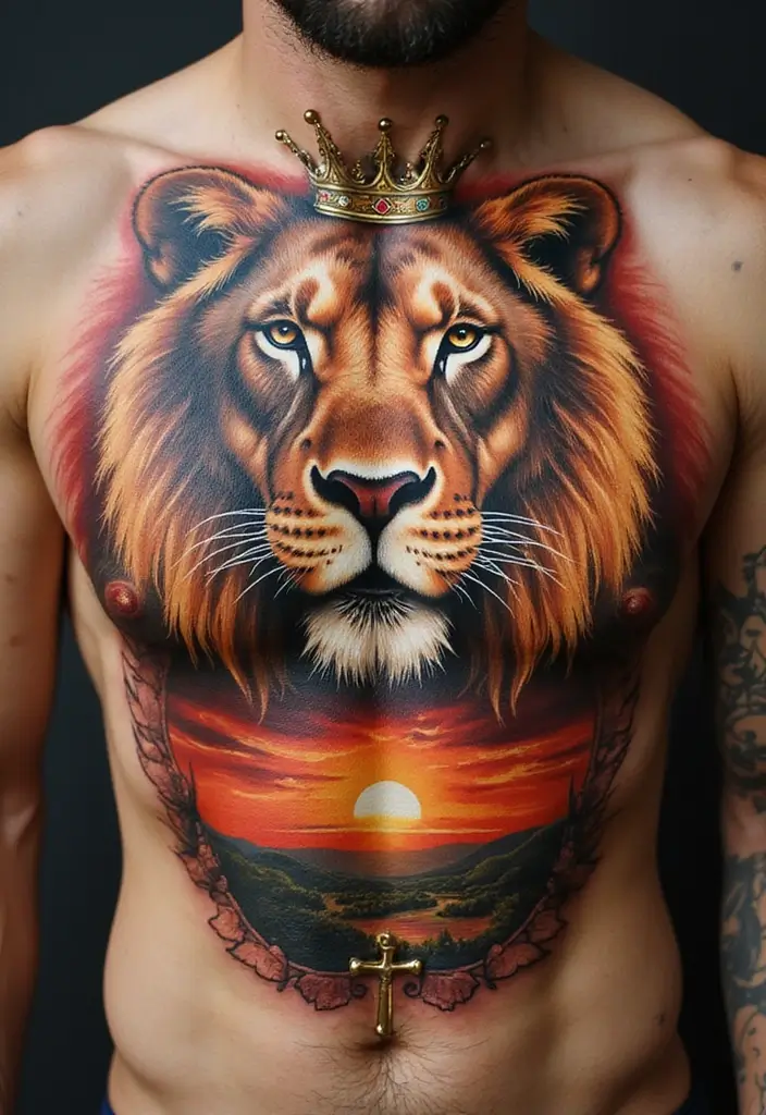 30 Full Chest Tattoos for Men with Powerful Visual Impact - 1. The Majestic Lion