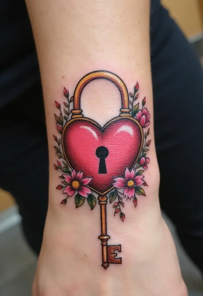30 Key Lock Tattoo Ideas Symbolizing Love and Mystery - 1. Heart-Shaped Key Lock