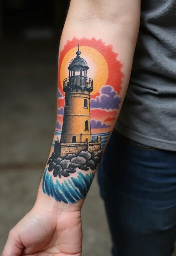 30 Lighthouse Forearm Tattoo Ideas That Guide the Way - 1. Classic Lighthouse with Waves