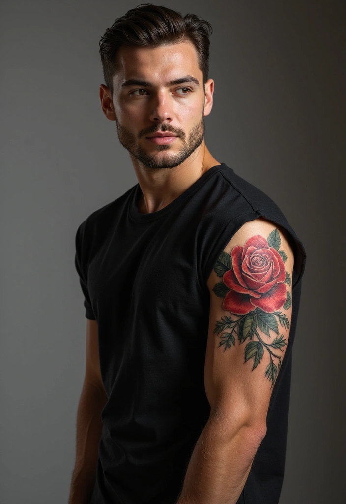 30 Men’s Floral Tattoo Half Sleeve Inspirations - 1. The Elegant Rose