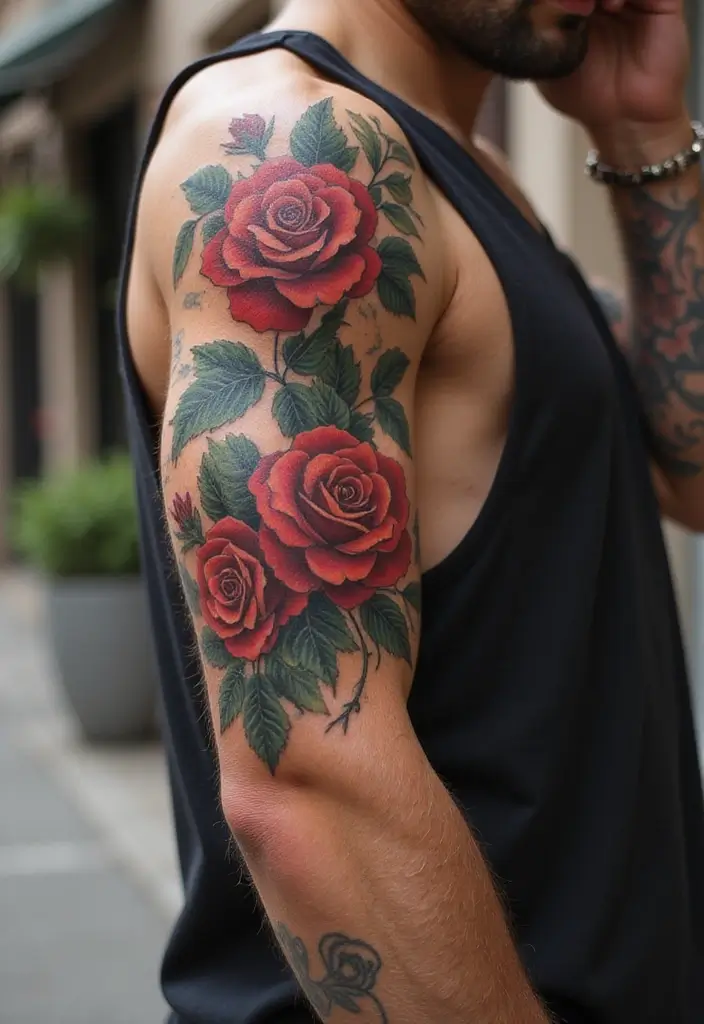 30 Mens Flower Sleeve Tattoo Ideas with Bold Florals - 1. The Classic Rose