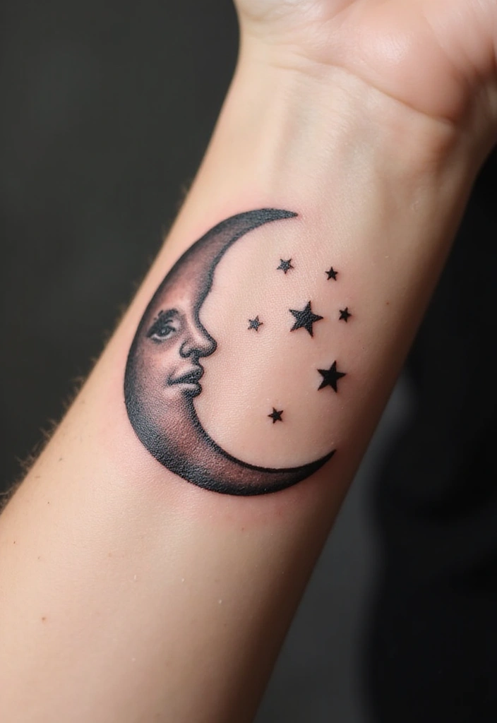30 Moon Tattoos for Men That Radiate Power and Mystery - 1. Crescent Moon with Stars