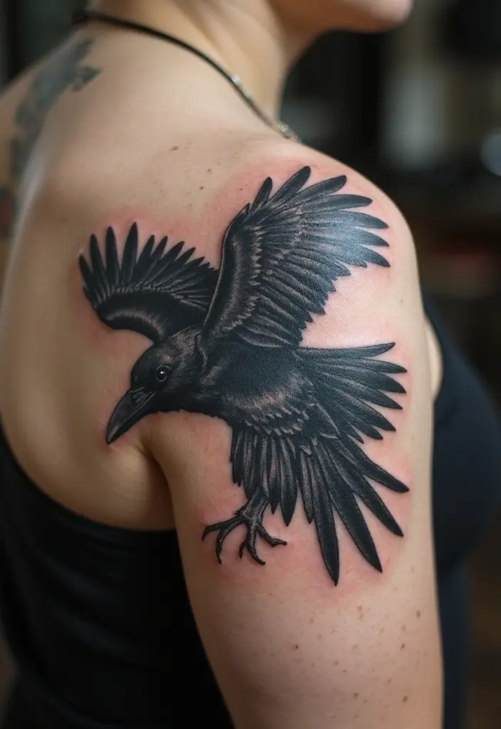 30 Raven Tattoo Shoulder Designs That Look Powerful - 1. Majestic Raven in Flight
