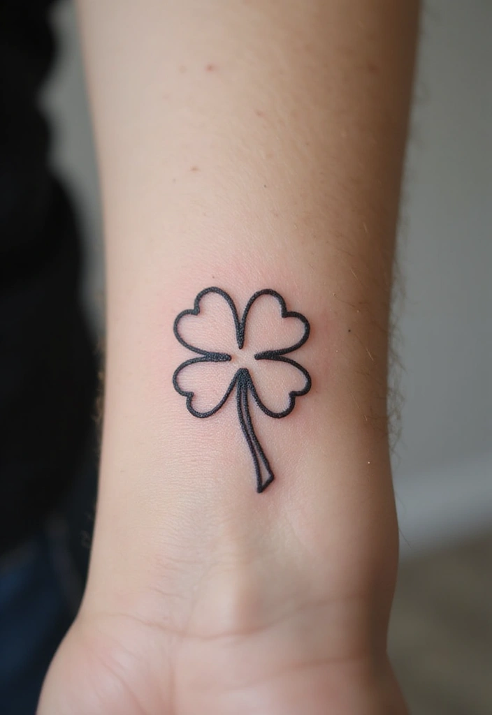 30 Realistic Four Leaf Clover Tattoo Inspirations for Luck - 1. Minimalist Outline Design