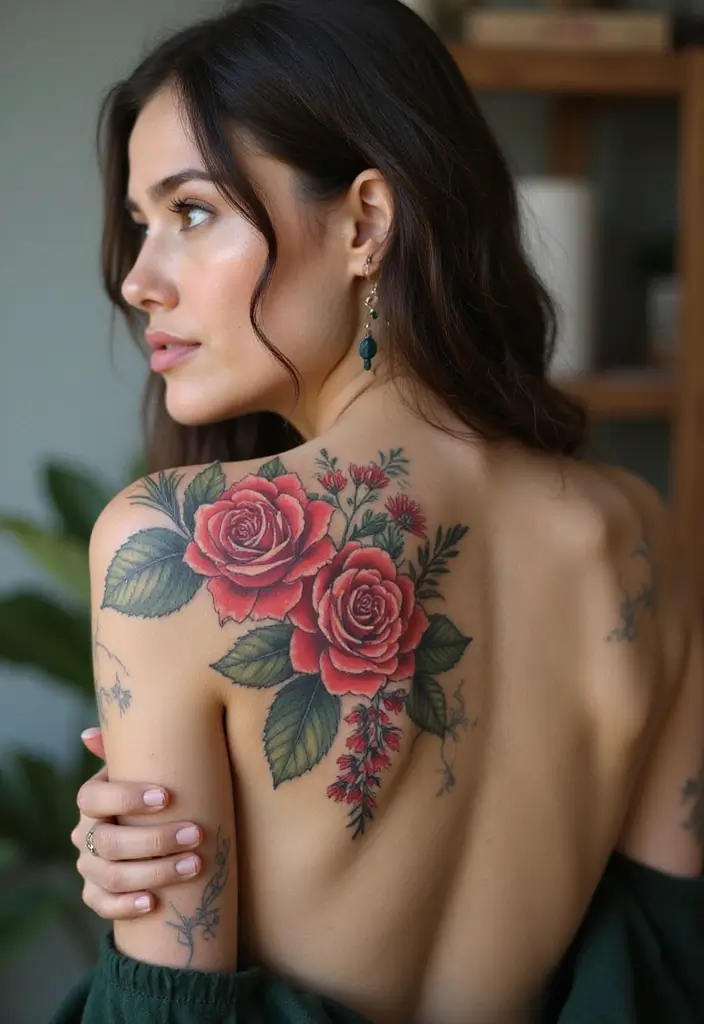 30 Shoulder and Back Tattoos for Women That Look Stunning - 1. Floral Elegance