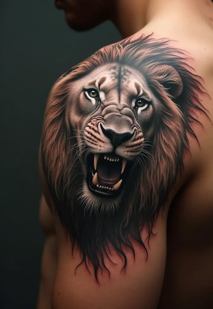 30 Shoulder and Back Tattoos for Guys with Masculine Energy - 1. The Majestic Lion