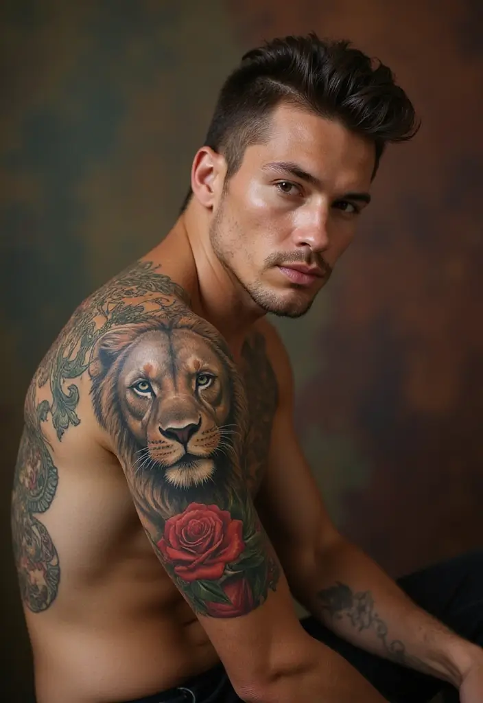 30 Shoulder Tattoos for Men with Meaningful Designs - 1. Lion: Strength and Courage