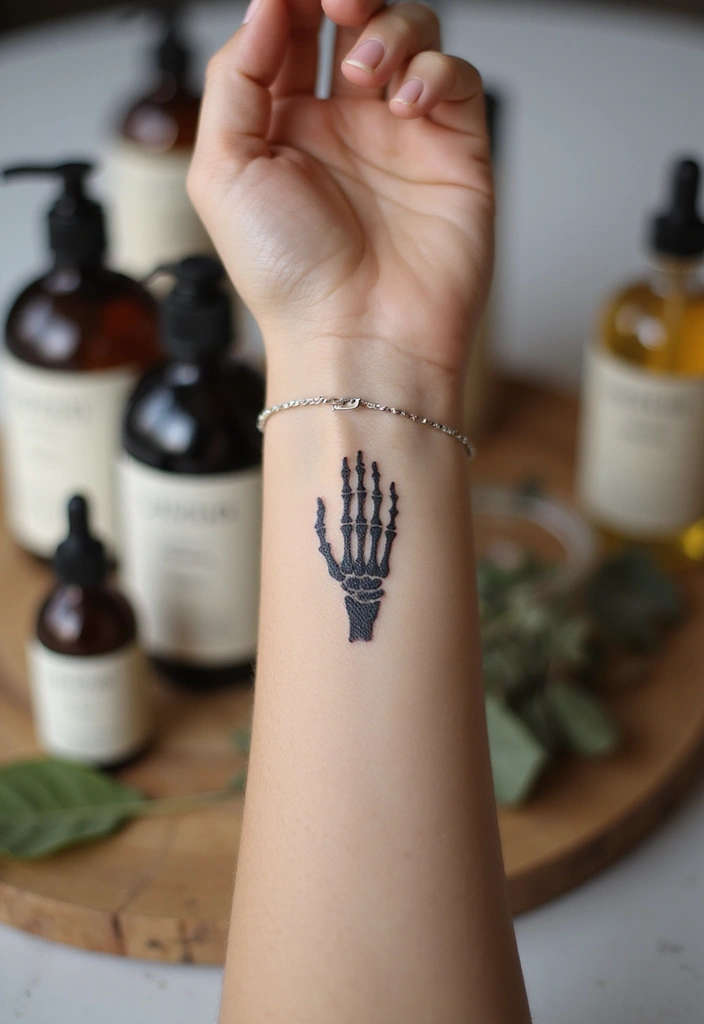 30 Skeleton Hand Tattoos with Edgy and Dark Styles - 1. Minimalist Skeleton Hand