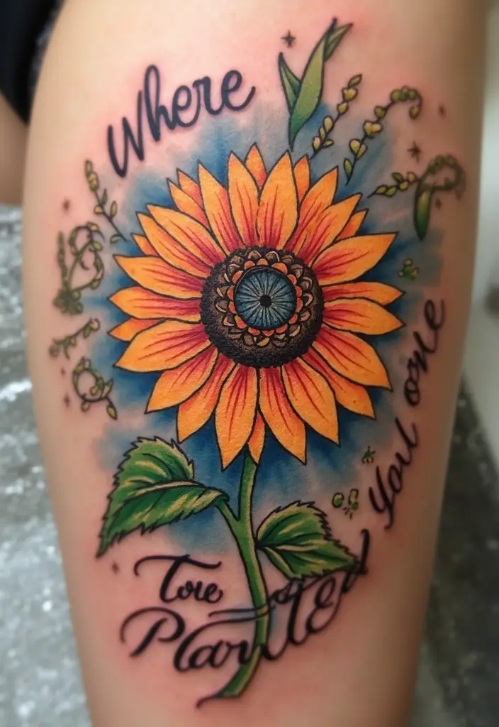 30 Sunflower and Quote Tattoo Ideas Full of Positivity - 1. Vibrant Sunflower with 'Bloom Where You Are Planted'