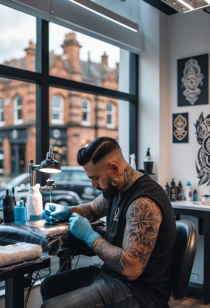Tattoo Birmingham: Your Complete Directory of Top-Rated Artists and Studios in the City 2 A tattoo artist working on a client's forearm in a bright, modern tattoo studio with artwork on the walls.