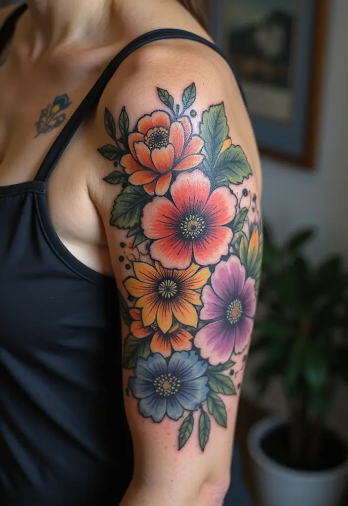 30 Upper Arm Tattoo Ideas for Bold Placement Choices - 1. Floral Sleeve