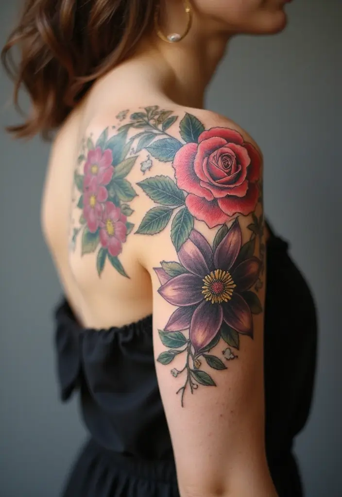 30 Tattoo Shoulder Designs for Women with Feminine Flair - 1. Floral Elegance
