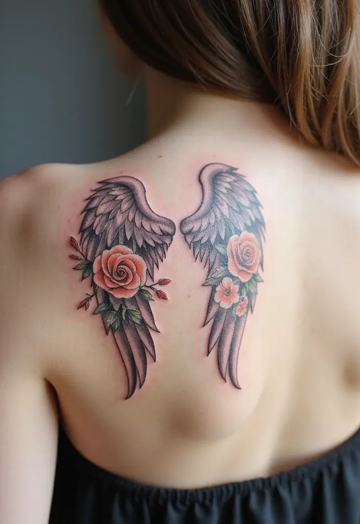 30 Shoulder Wing Tattoo Ideas with Angelic Inspiration - 1. Angel Wings with Floral Accents