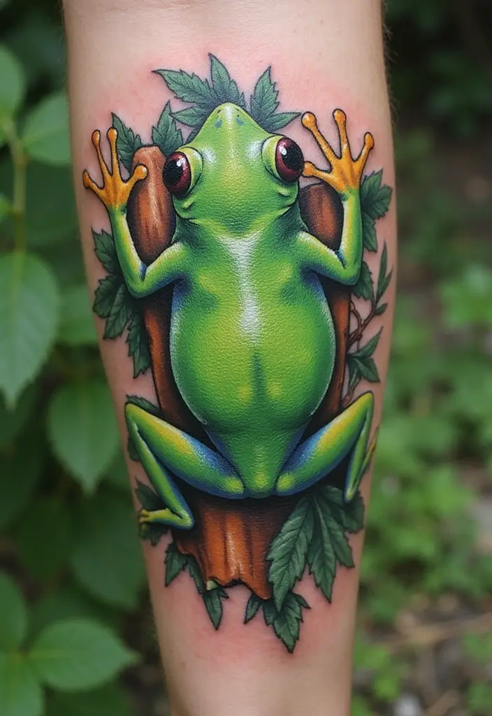 30 Tree Frog Tattoos with Playful and Unique Vibes - 1. The Classic Green Tree Frog Tattoo