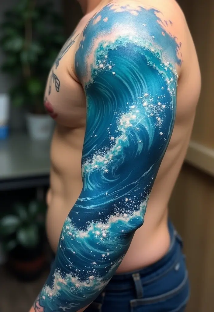 30 Wave Tattoo Sleeve Ideas That Make a Bold Statement - 1. Ocean Blue Waves