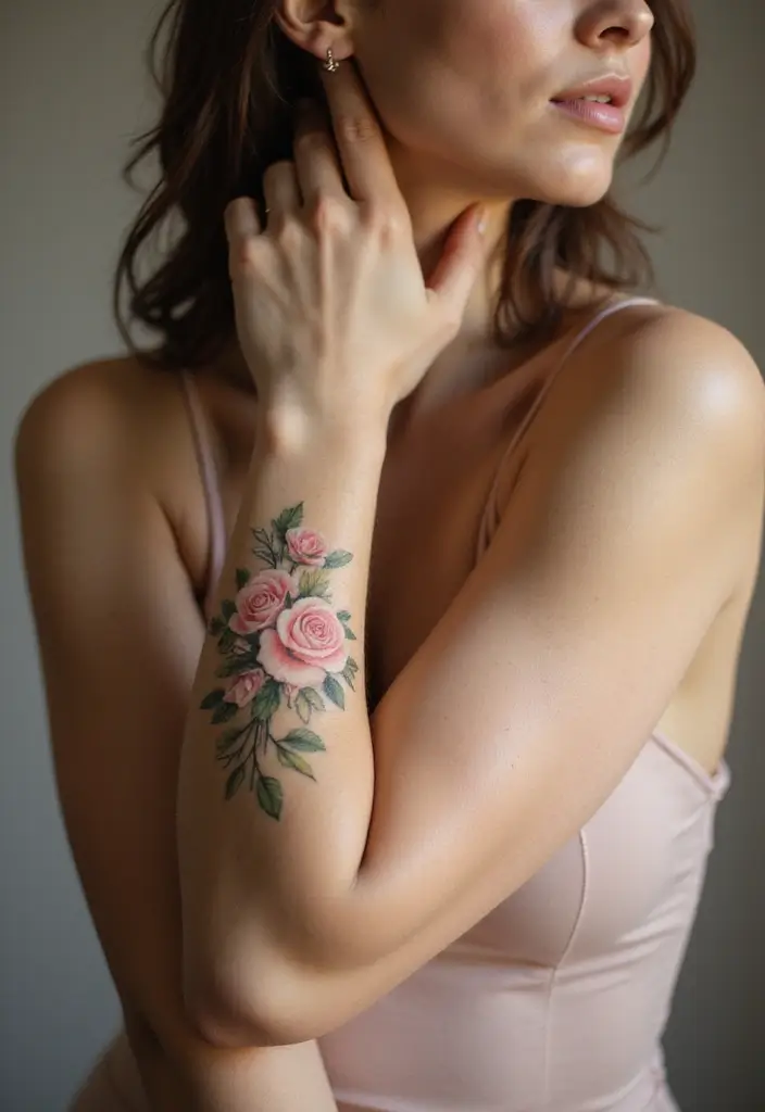 30 Women’s Feminine Arm Tattoos That Look Stylish - 1. Delicate Rose Bouquet