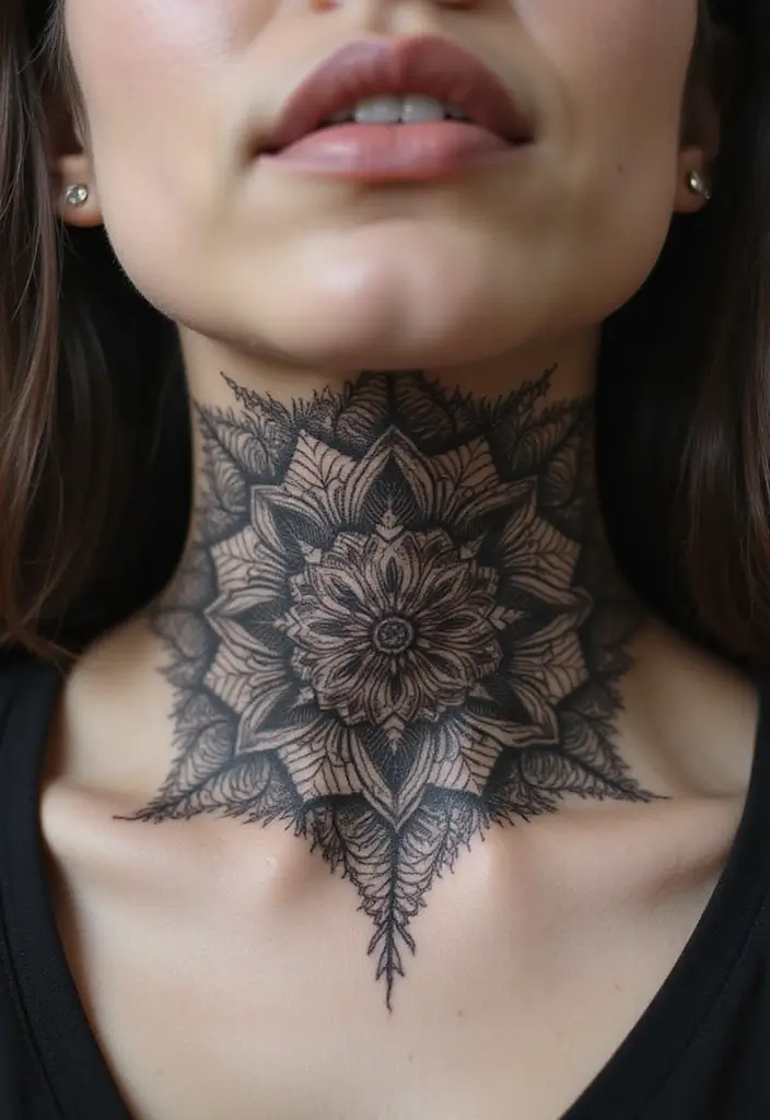 30 Women's Throat Tattoos That Are Edgy and Elegant - 1. Intricate Mandala Designs